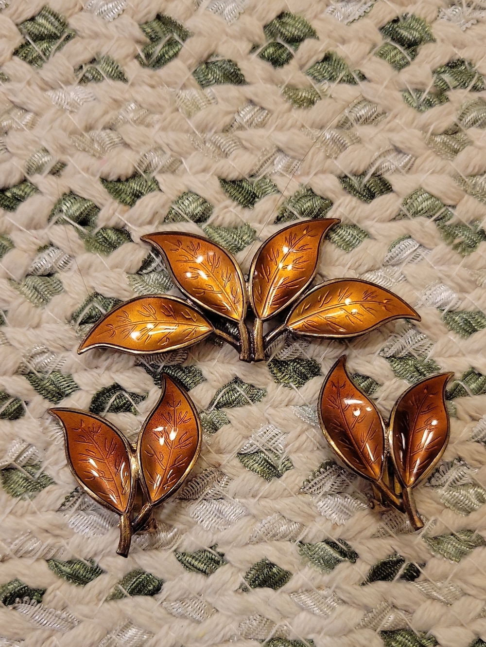 Vintage David Anderson 925S Sterling Leaf Cluster Brooch/Clip Set Amber Enamel
